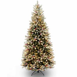 Artificial Dunhill Fir Slim Tree, Snowy Green, 400 Clear Lights, 7.5-Ft.