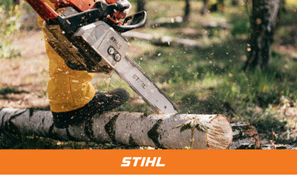 Stihl Equipment SalesA close up of a Stihl chainsaw cutting a tree with a Stihl logo overlay.